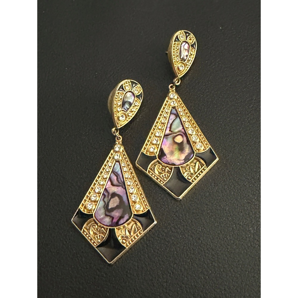 Vintage Duri Earrings Art Deco Revival Dangle Rhinestone Gold Tone Enamel